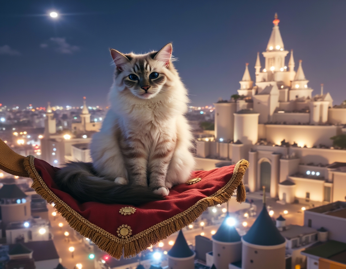 Cat sits on a flying carpet, soaring above a magical city illuminated by sparkling lights. The cat gazes at shimmering buildings and magical creatures floating around it